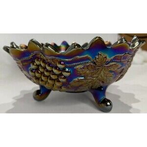 Indiana Glass Carnival Glass Grape & Leaf Footed Bowl Iridescent Vintage